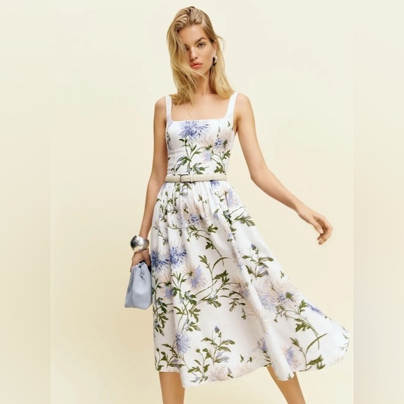 NEW Reformation Janu Midi Linen Dress Serenity White Blue Floral | US 2 / UK 6 - Picture 5 of 15